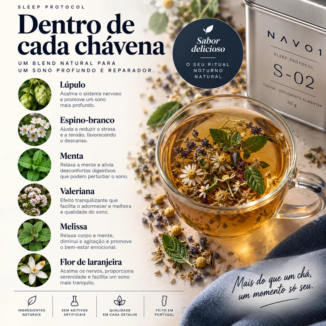 Ingredientes apresentados na tisana S-02 do Sleep Protocol NAVO1